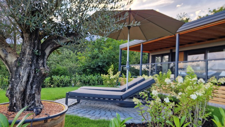 Garden with sun lounger, parasol and olive tree in front of a modern chalet.