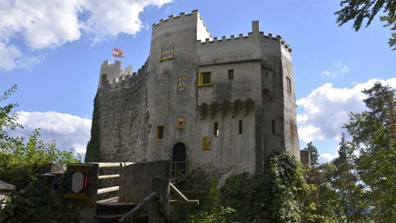 Burg Grimmenstein mit blauem Himmel und Wolken im Hintergrund.