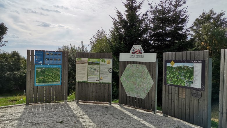 Informationstafeln am Wanderstartplatz in Mönichkirchen mit Karten und Hinweisen, umgeben von Bäumen.