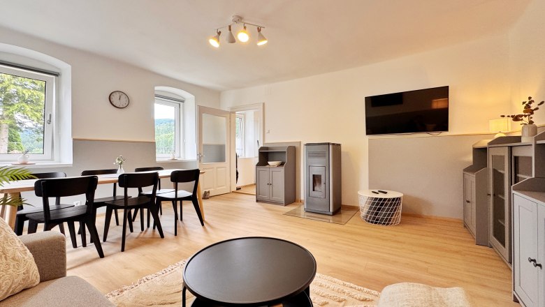 Moderner Wohn-Essbereich mit Esstisch, Stühlen, Sofa, Fernseher und Kamin.