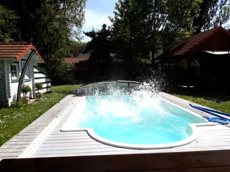 A pool in the garden with splashing water, surrounded by trees and a small building with a red roof.