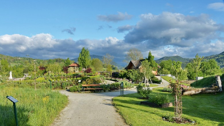 Ein gepflegter Garten mit Wegen, Bäumen und Blumen, umgeben von grünen Hügeln und einem blauen Himmel mit Wolken.