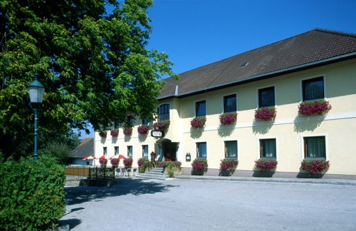 Ein traditionelles Gasthaus mit gelber Fassade und Blumenkästen an den Fenstern.