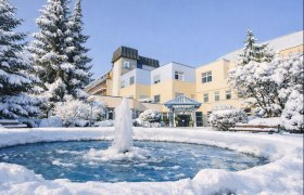 Ein Gesundheitsresort im Winter mit schneebedeckten B&auml;umen und einem gefrorenen Brunnen im Vordergrund.