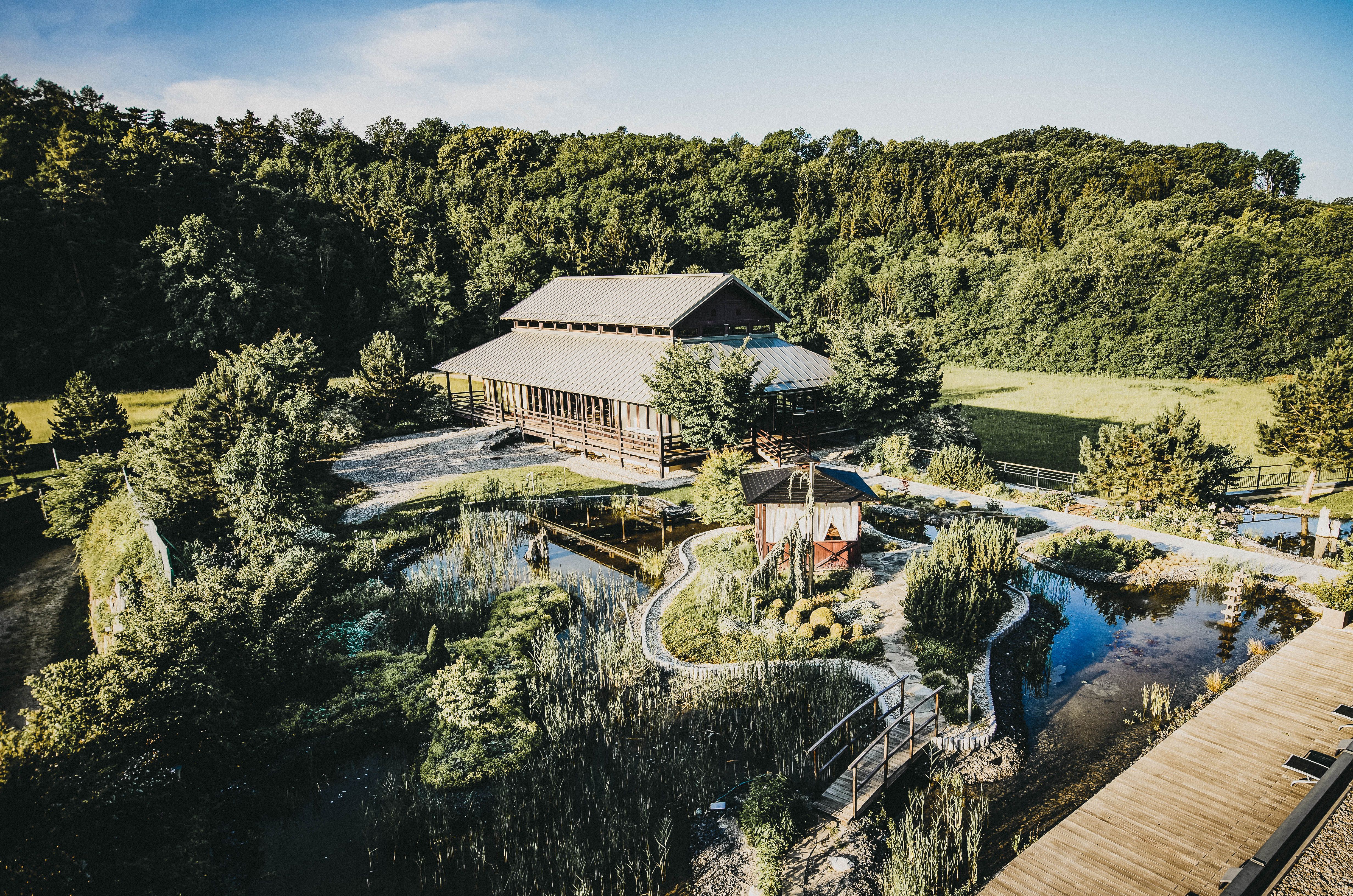 Luftaufnahme eines Zen-Gartens mit Pavillon und Teich, umgeben von Bäumen.