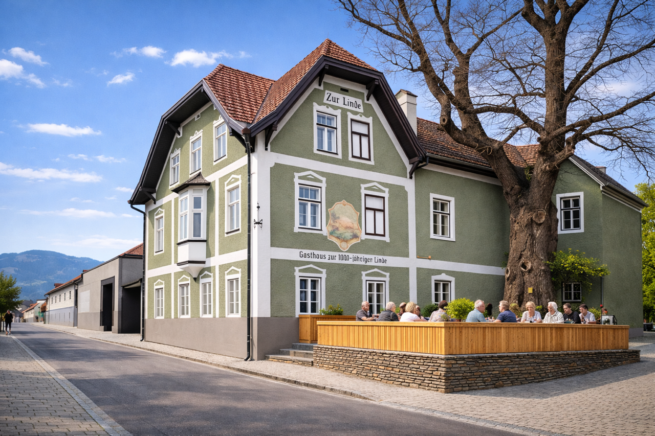 Ein traditionelles Gasthaus mit grünem Anstrich und rotem Dach. Vor dem Gebäude sitzen Menschen an einem Holztisch unter einem großen Baum.