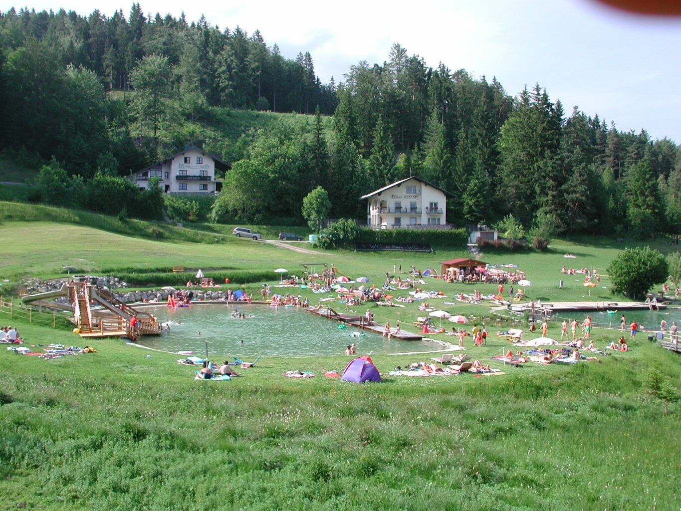 Ein belebter Naturbadeteich mit vielen Menschen, umgeben von grünen Wiesen und Wäldern, im Hintergrund zwei Gebäude.