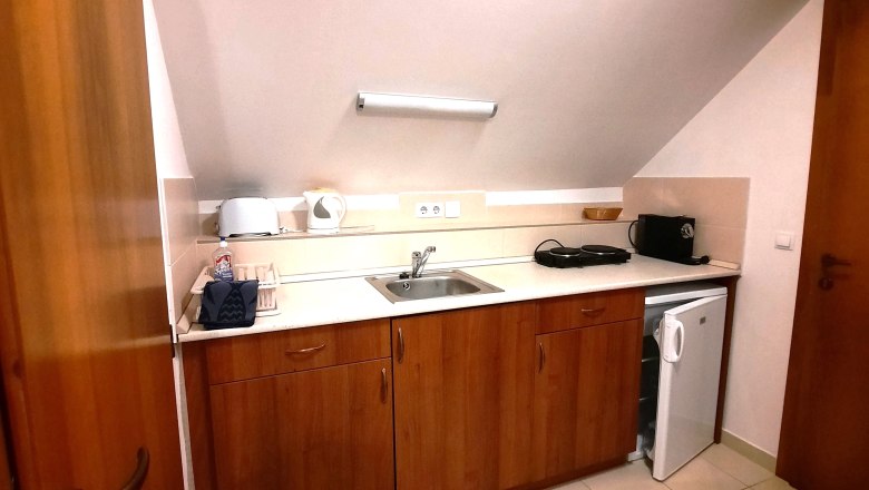 Kleine K&uuml;chenzeile mit Holzschr&auml;nken, Sp&uuml;le, Toaster, Wasserkocher und Mini-K&uuml;hlschrank unter einer Dachschr&auml;ge.