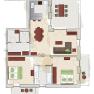 Floor plan of an apartment with two bedrooms, kitchen, living room, dining area and two balconies.