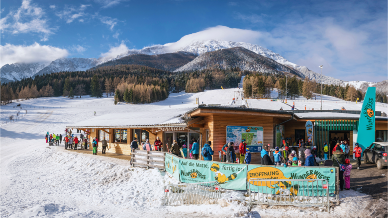 Ski hut with snowy landscape