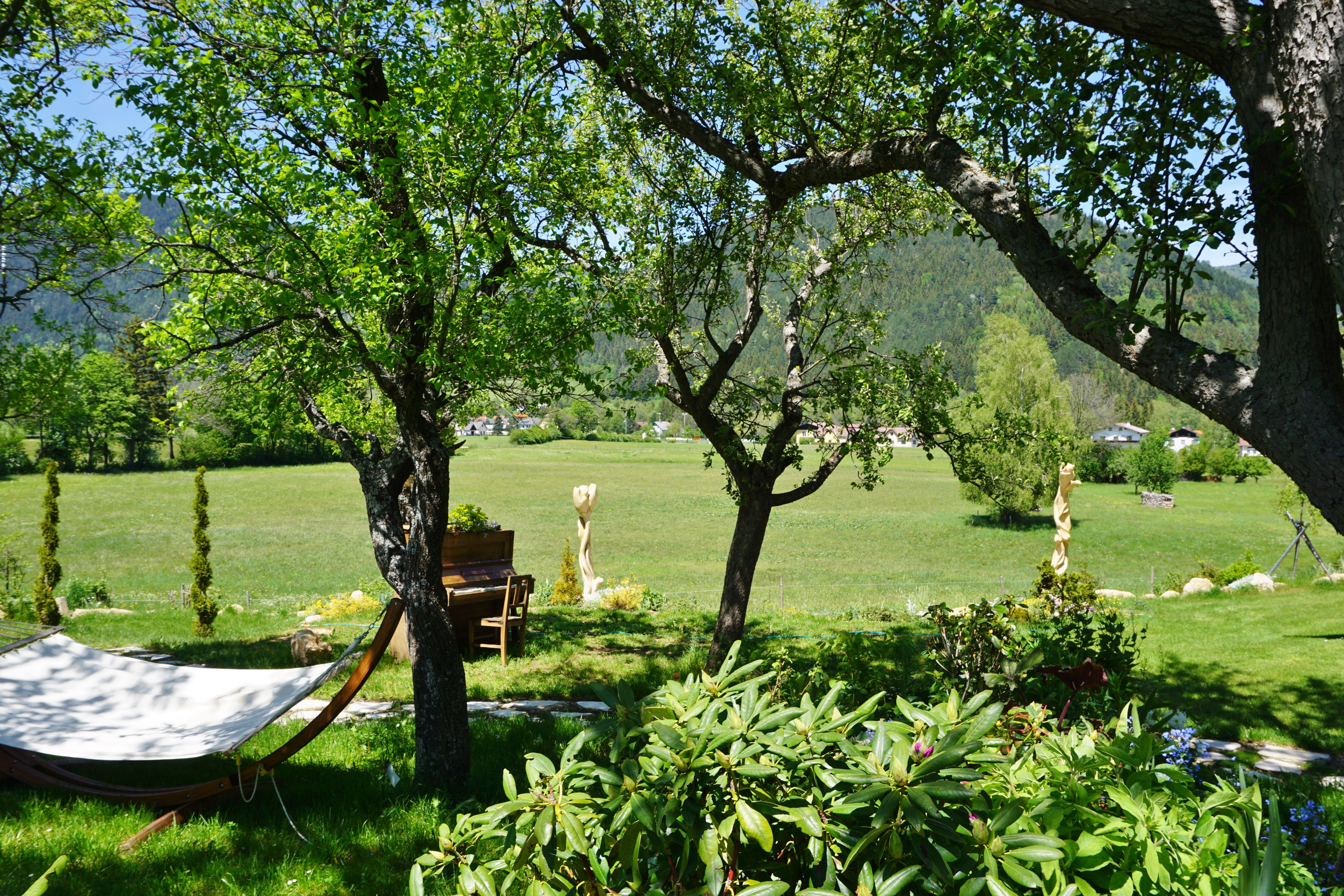 Schöner Garten Pension Schmirl Puchberg mit Blick auf Schneeberg