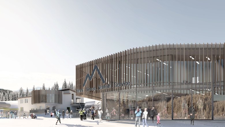 Moderne Service- und Verleihstation in Mönichkirchen mit Holzfassade und Menschen im Schnee.