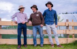 Drei Männer mit Hüten lehnen an einem Holzzaun auf einer grünen Wiese.