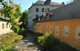 Historisches Gebäude mit Bach und blühendem Baum im Vordergrund.