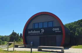 Gebäude der Infobox Semmering-Basistunnel mit ÖBB-Logo, umgeben von grüner Wiese und Bäumen, unter blauem Himmel.