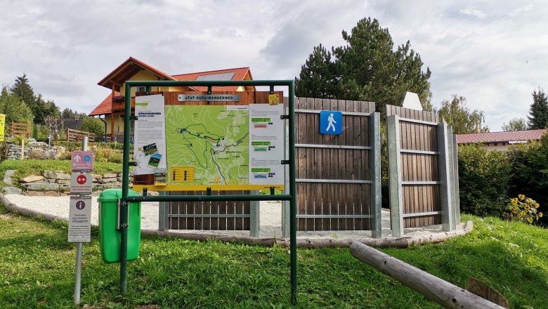 Wanderweg-Infotafel mit Karte und Hinweisschildern auf einer Wiese, umgeben von Bäumen und einem Gebäude im Hintergrund.