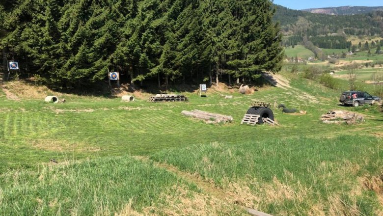 3D-Bogenparcours mit Zielen und Wald im Hintergrund.