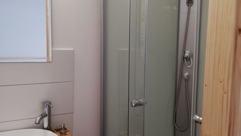 Kleines Badezimmer mit Dusche, Waschbecken und Spiegel.