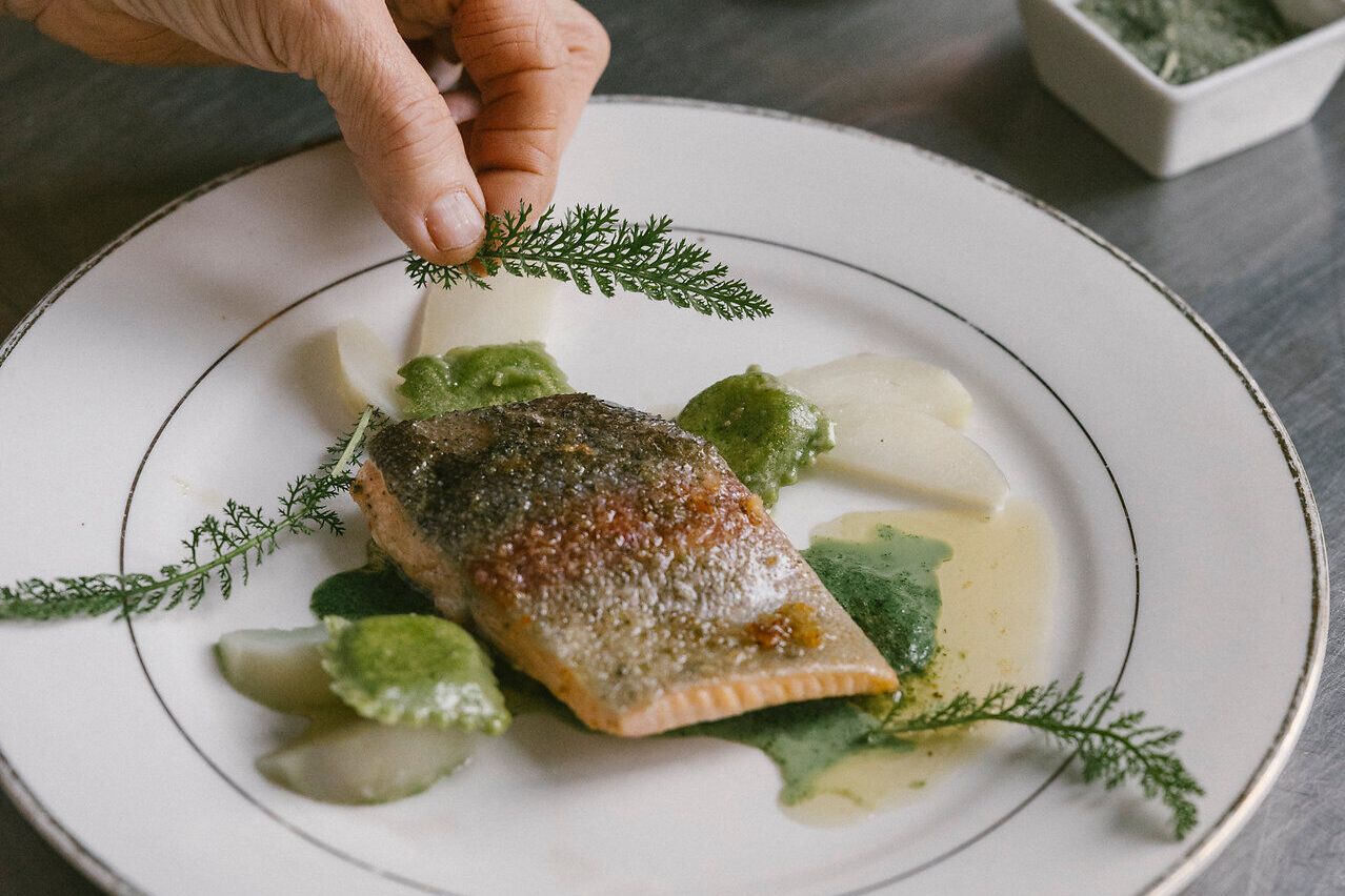 Angerichtetes Fischfilet mit grünen Ravioli, hellen Gemüsestücken und frischen Kräutern auf einem weißen Teller.