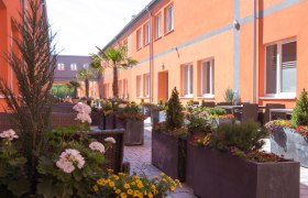 Ein sonniger Gastgarten mit orangen Gebäuden, Palmen und bunten Blumen in großen Pflanzkübeln.