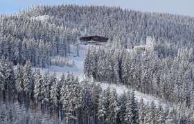 Snow-covered mountain hut in a dense forest on a hill.