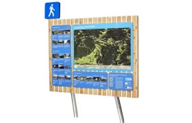 Hiking map with information and pictures on a wooden sign.