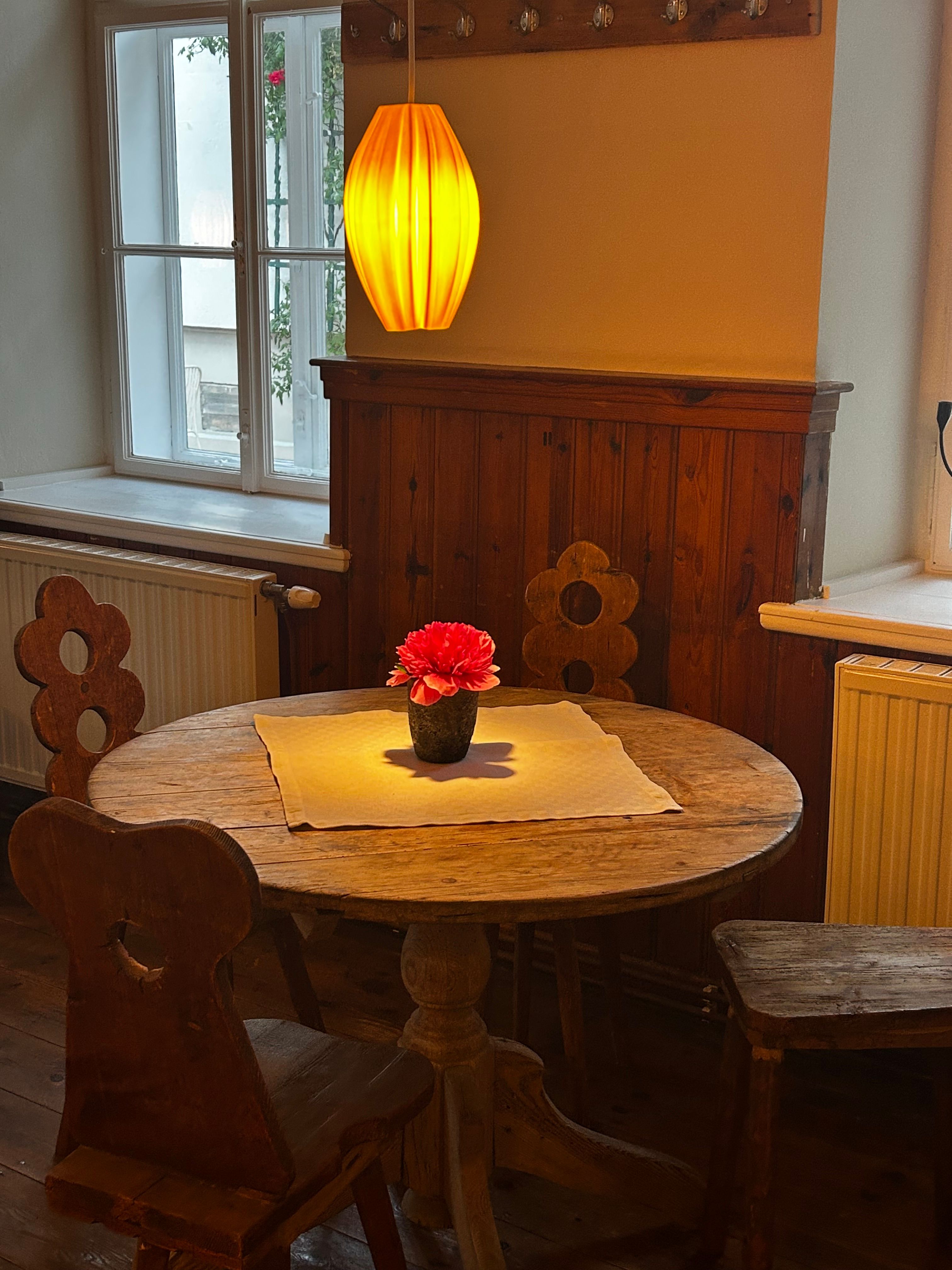 Ein rustikaler Holztisch mit einer roten Blume in einem Topf, beleuchtet von einer warmen, gelben Hängelampe, steht in einem gemütlichen Raum mit Holzvertäfelung.