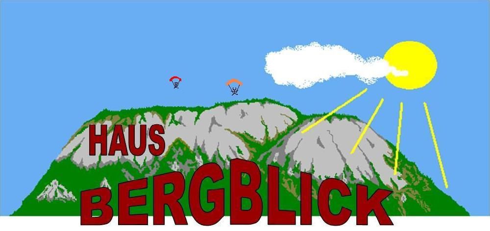 Illustration eines Berges mit der Aufschrift 'Haus Bergblick', zwei Paragleiter und Sonne am Himmel.