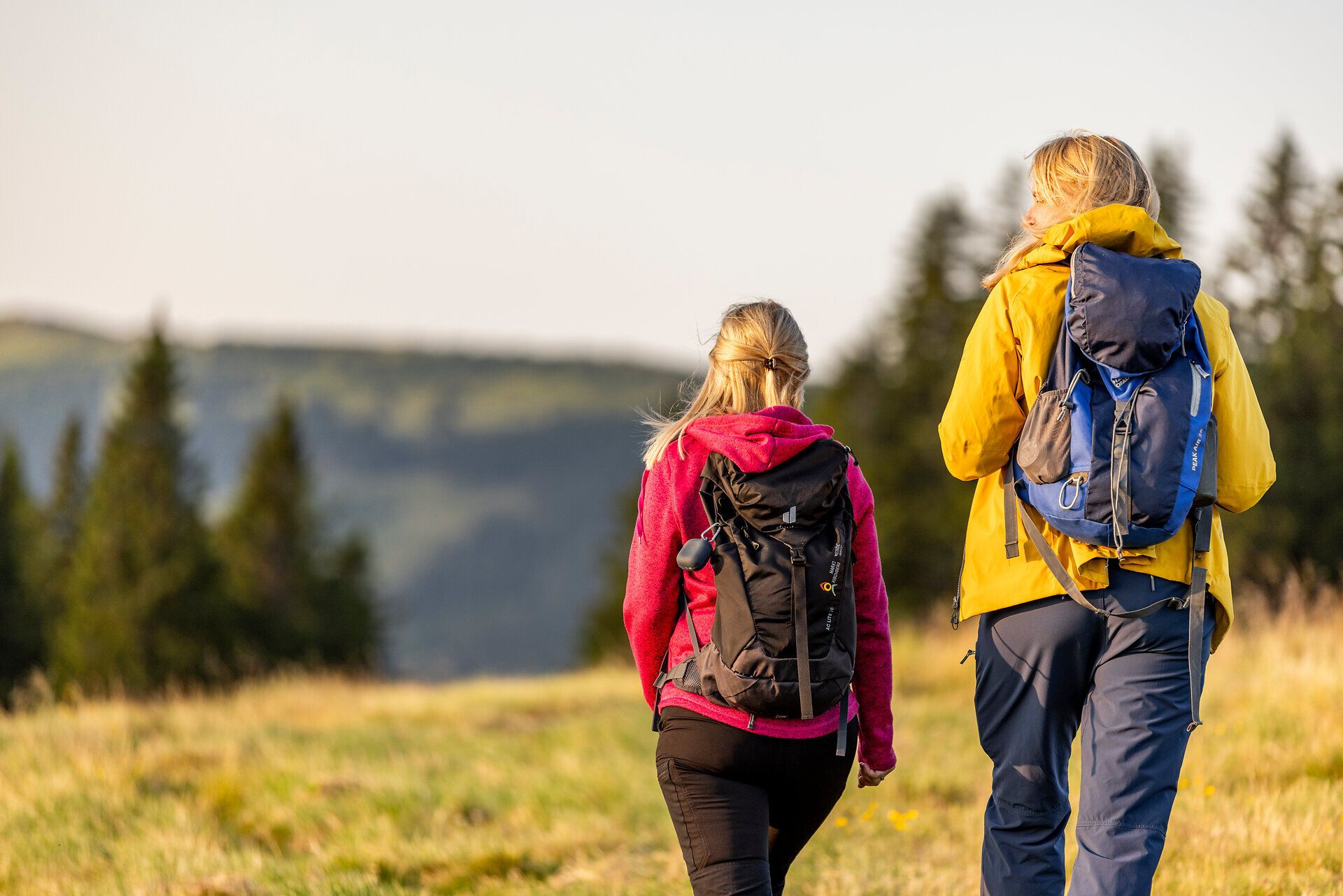 Zwei Frauen in Wanderkleidung und mit Rucksäcken wandern über die Schwaigen im Wechselland