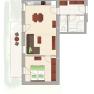 Floor plan of an apartment with living room, kitchen, bedroom, bathroom and balcony.