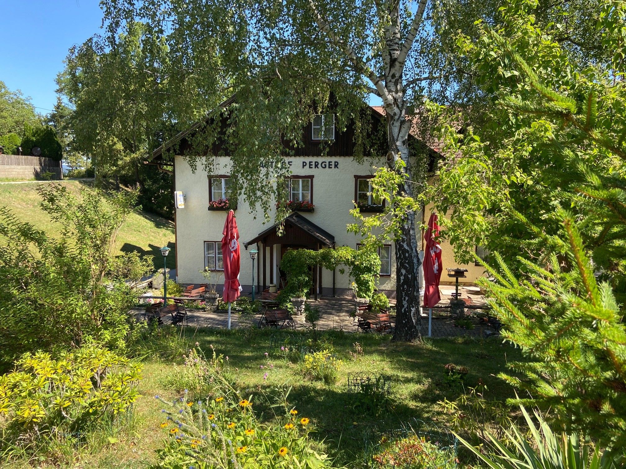Ein Gasthaus mit Terrasse, umgeben von Bäumen und Pflanzen, bei sonnigem Wetter.