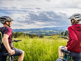 Zwei Radfahrer mit Helmen blicken auf eine h&uuml;gelige Landschaft mit Wiesen und W&auml;ldern unter einem bew&ouml;lkten Himmel.