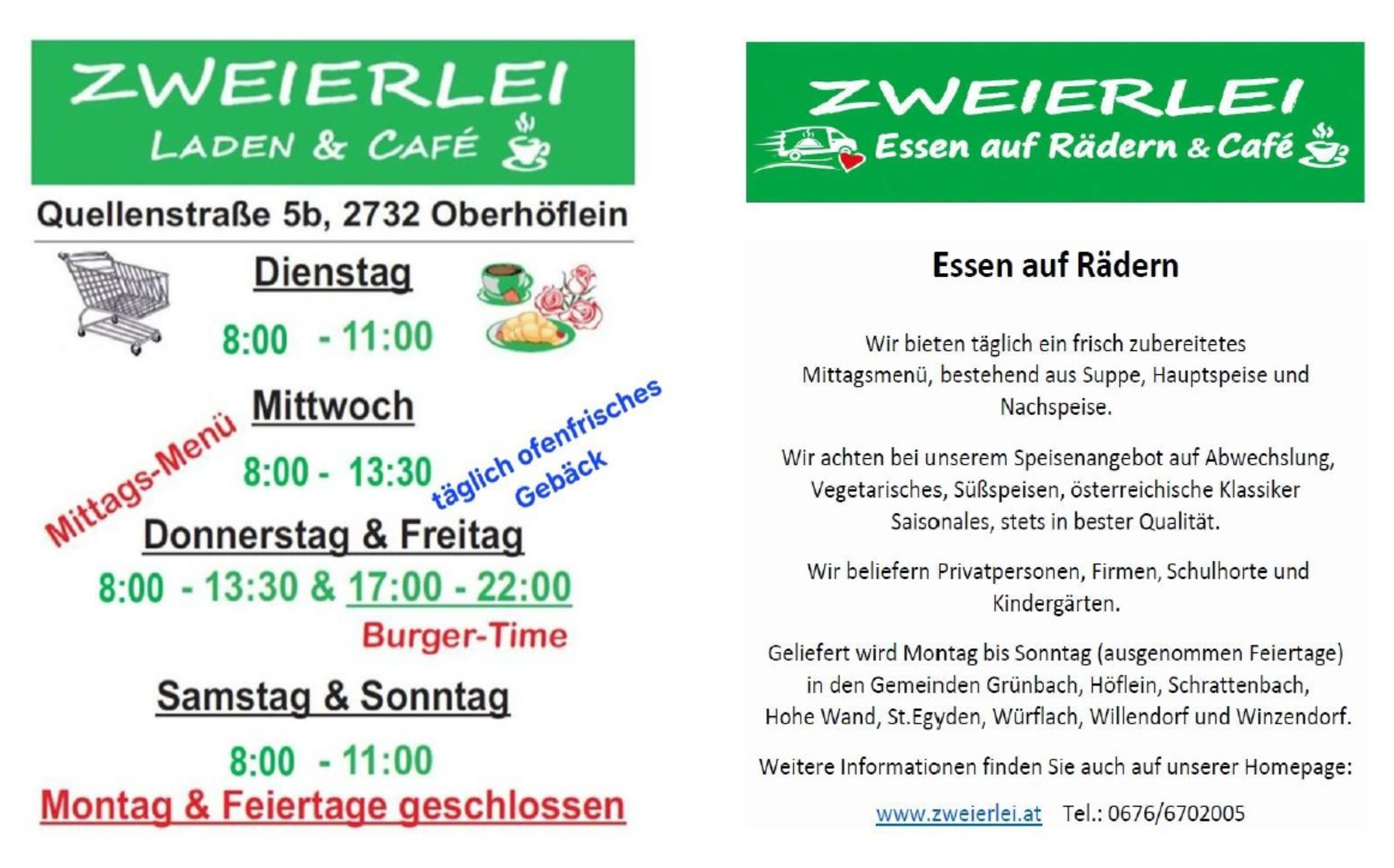 Aushang von „Zweierlei – Laden & Café“ mit Öffnungszeiten, Adresse Quellenstraße 5b in 2732 Oberhöflein und Infos zu Essen auf Rädern.