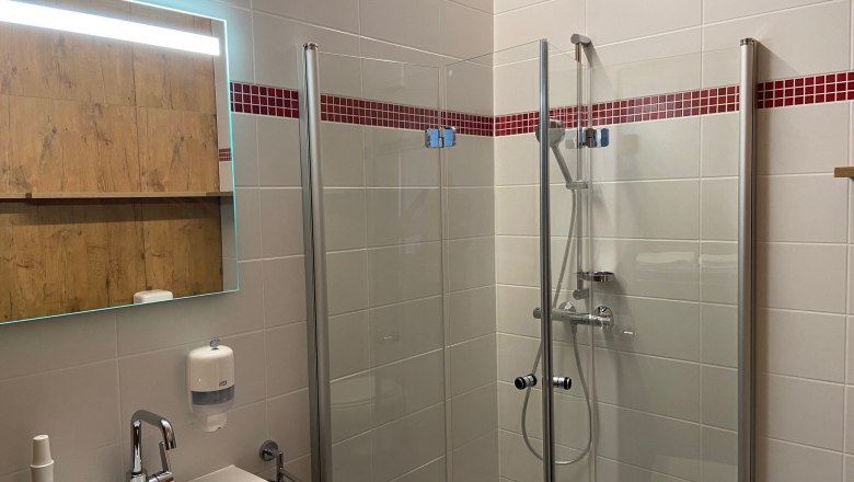 Modern bathroom with shower, washbasin and mirror.