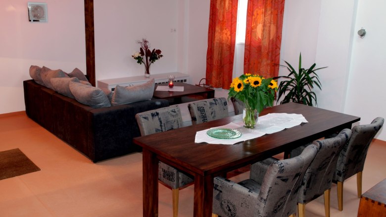 Wohn- und Essbereich in einem Loft mit Holztisch, Stühlen, Sofa und Dekorationen.