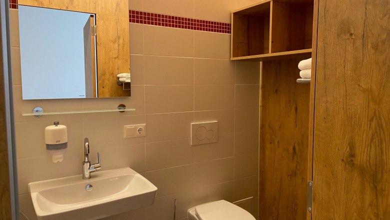Modern bathroom with washbasin, mirror, WC and wooden shelf.