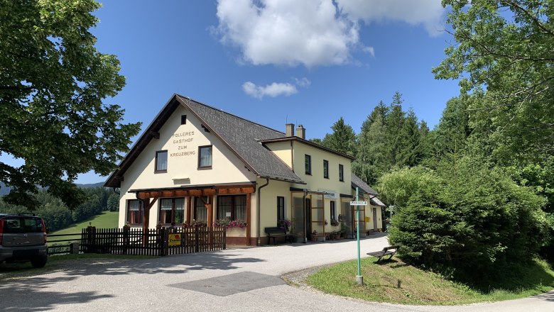Ein gelbes Gasthaus mit der Aufschrift 'Polleres Gasthof zum Kreuzberg' umgeben von Bäumen und einem blauen Himmel.