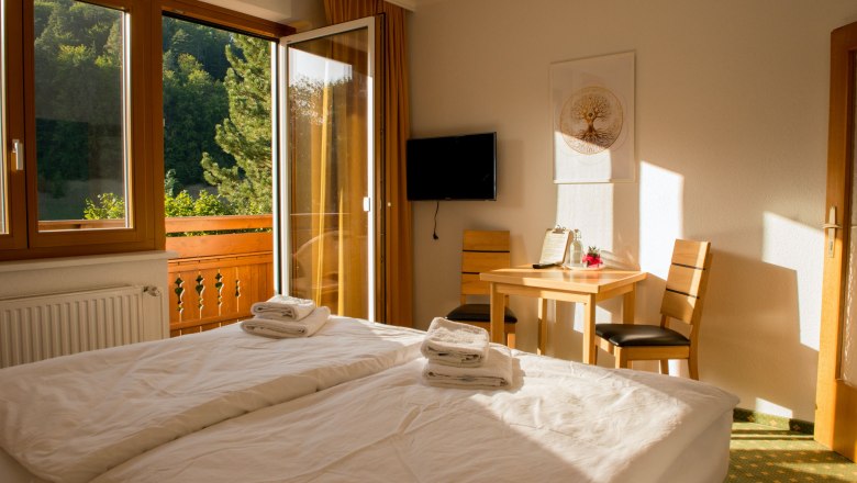 Ein helles Doppelzimmer mit Balkon, Bett, Tisch, St&uuml;hlen und einem Fernseher an der Wand. Durch die Balkont&uuml;r sieht man gr&uuml;ne B&auml;ume.