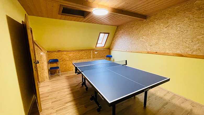 Ein Spielzimmer mit Tischtennisplatte, gelben Wänden und Holzdecke.