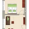 Floor plan of an apartment with kitchen, living room and bathroom.