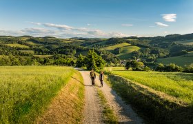 Zwei Personen wandern auf einem Schotterweg durch eine h&uuml;gelige Landschaft mit gr&uuml;nen Feldern und W&auml;ldern unter blauem Himmel.
