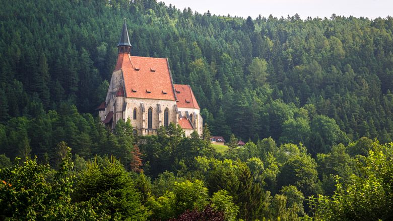 Eine Kirche mit rotem Dach inmitten eines dichten Waldes.