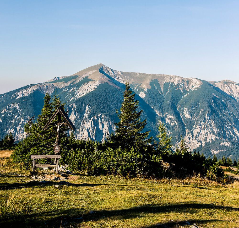 Die sanften Hügel der Wiener Alpen erstrahlen im warmen Licht des Sommertages. Ein klarer Himmel und die frische Bergluft laden dazu ein, die atemberaubende Aussicht zu genießen und die Ruhe der Natur zu erleben.