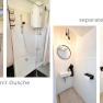 Collage von Badezimmer und separatem WC mit Dusche, Waschbecken und Toilette.