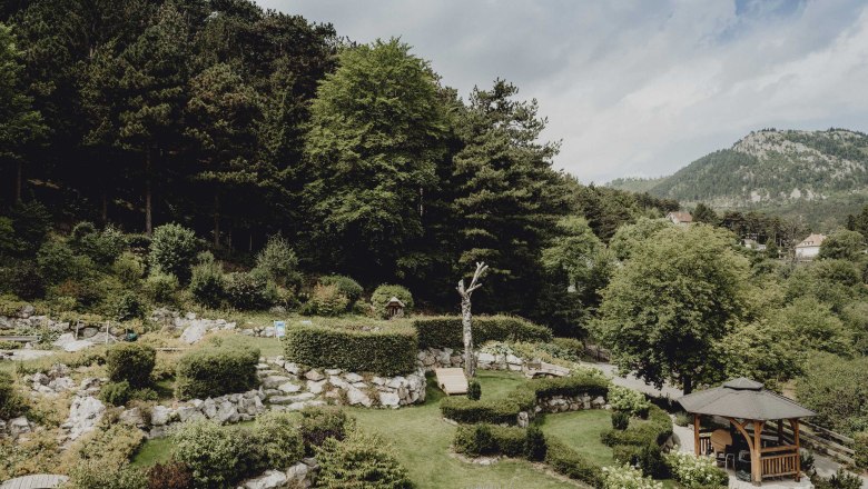 An alpine garden with trees, shrubs and a pavilion in front of a wooded mountain landscape.