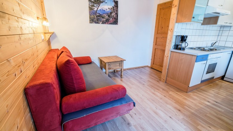 Wohnzimmer mit rotem Sofa, Holzw&auml;nden und kleiner K&uuml;che.