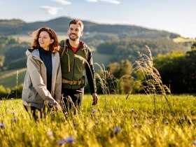 Zwei Wandernde neben einem Getreidefeld mit Kornblumen, im Hintergrund hügelige Landschaft mit Wäldern, © Wiener Alpen in Niederösterreich - Bad Erlach