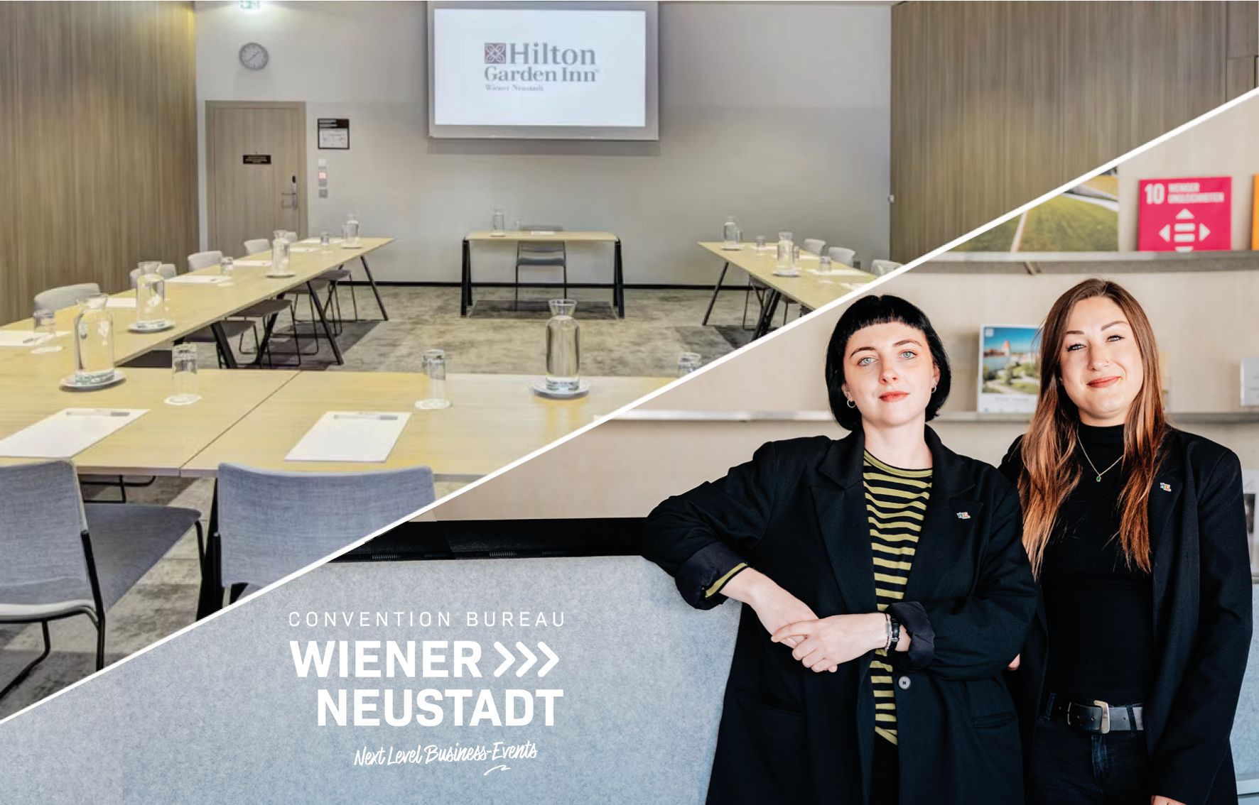 Links der grau/beige Meetingraum im Hilton Garden Inn, rechts zwei Damen, die im Convention Bureau arbeitenLinks der grau/beige Meetingraum im Hilton Garden Inn, rechts zwei Damen, die im Convention Bureau arbeiten