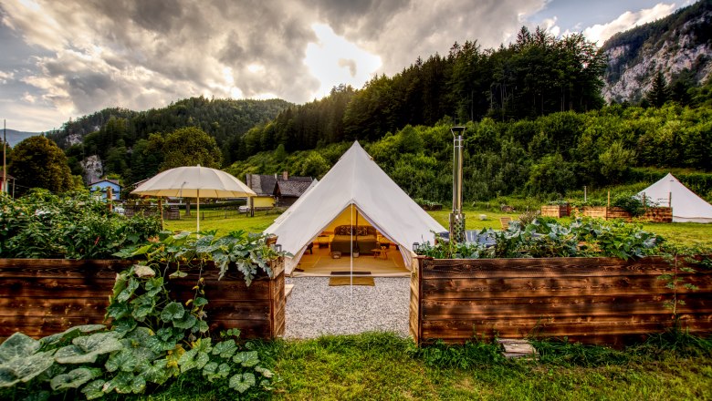 Glamping Wildnis Zentrum Nasswald, © Jonathan Clark Glamping-Zelt in grüner Landschaft mit Bergen im Hintergrund.