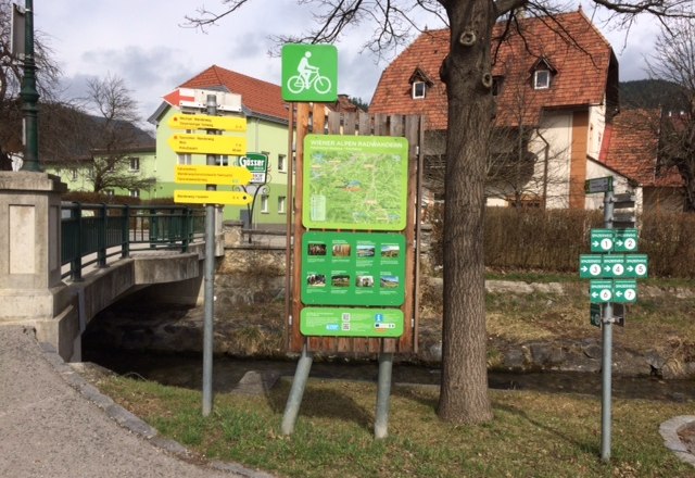 Radstartplatz-Tafel in Kirchberg mit Wegweisern und Karte.